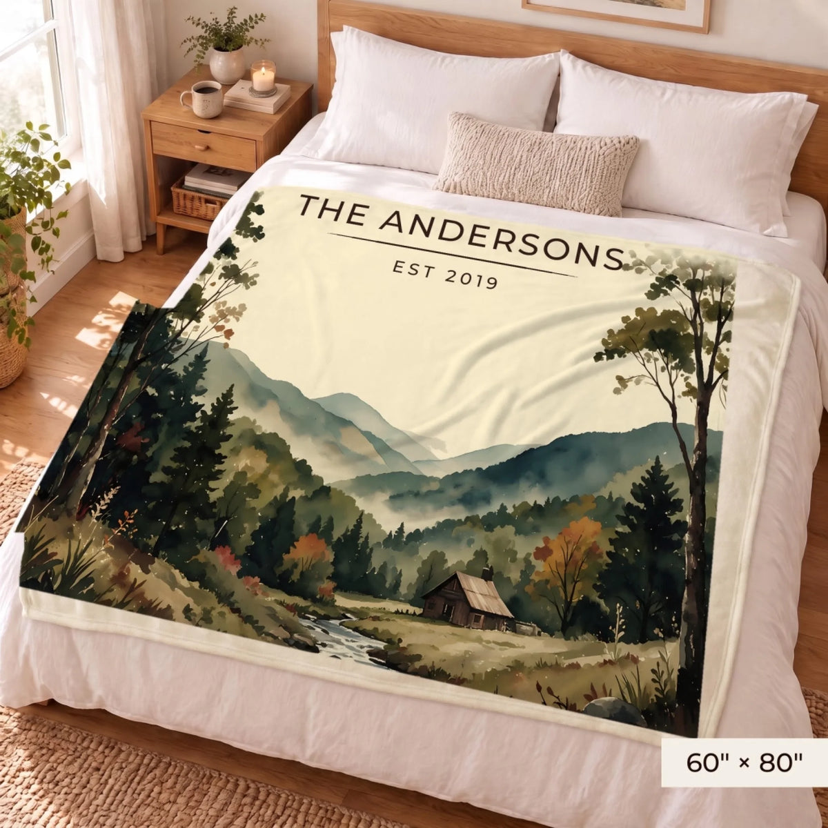 Great Smoky Mountains Cabin Sherpa Blanket 60x80 on a queen bed