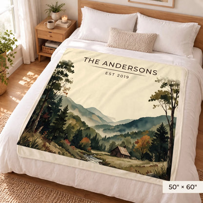 Great Smoky Mountains Cabin Sherpa Blanket 50x60 on a queen bed