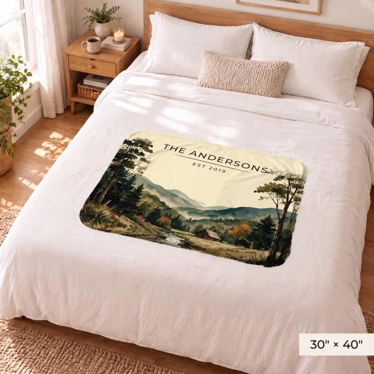 Great Smoky Mountains Cabin Sherpa Blanket 30x40 on a queen bed