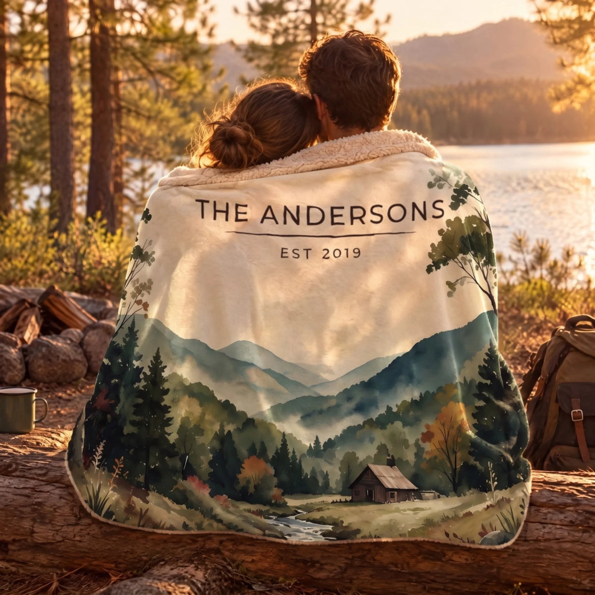 Couple wrapped in the Great Smoky Mountains Cabin Sherpa Blanket by a lake