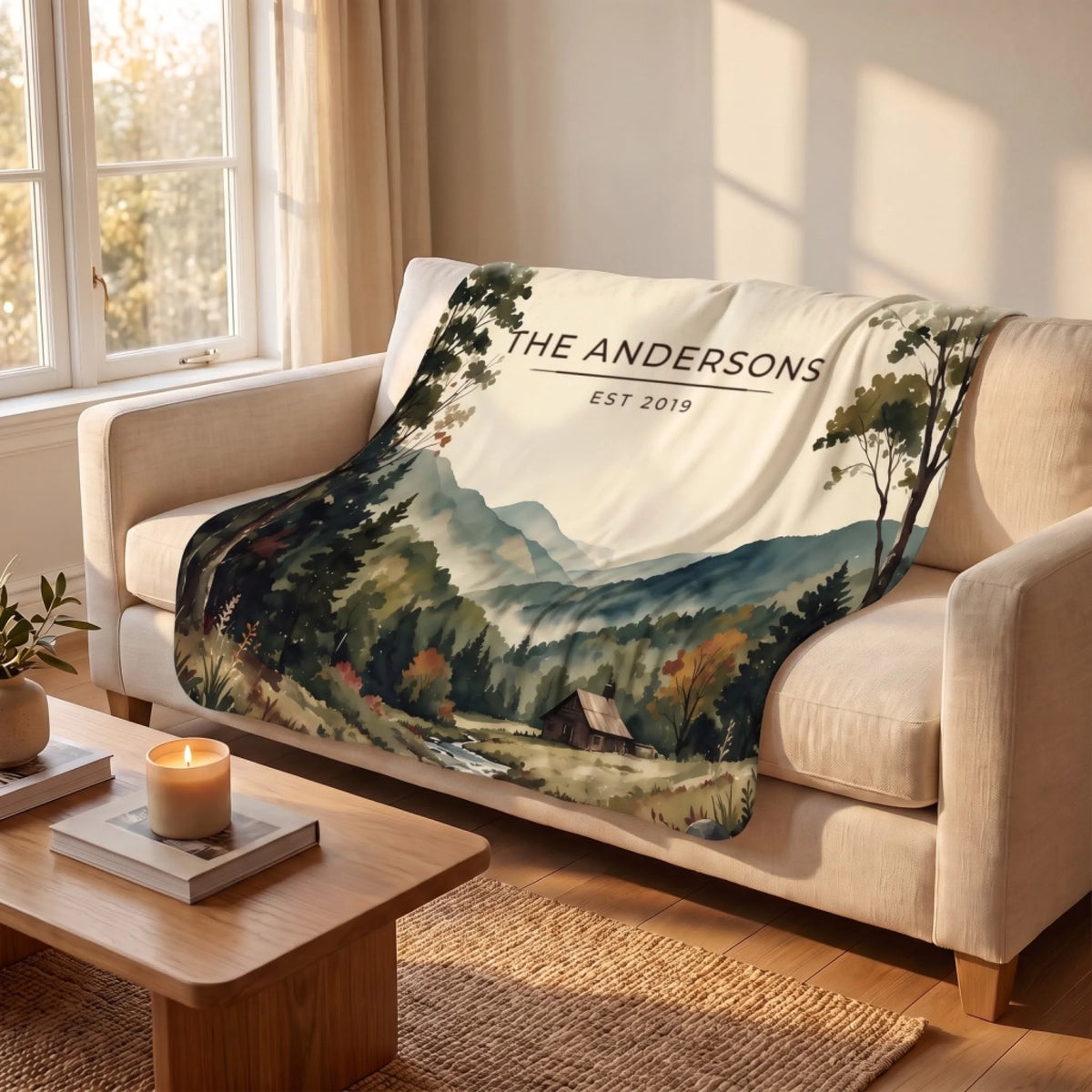 Great Smoky Mountains Cabin Sherpa Blanket draped over a sofa