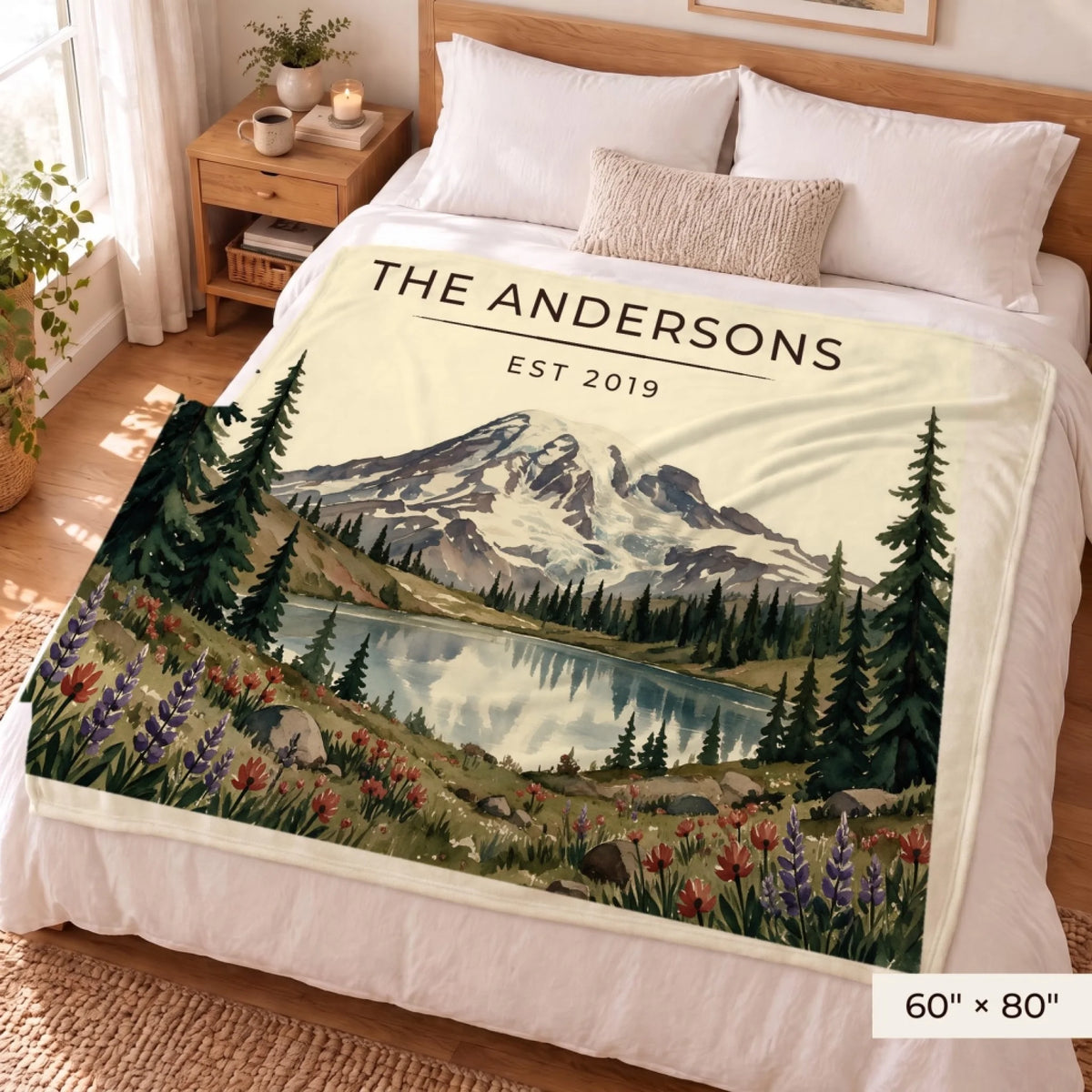 Mount Rainier Lake Sherpa Blanket 60x80 on a queen bed