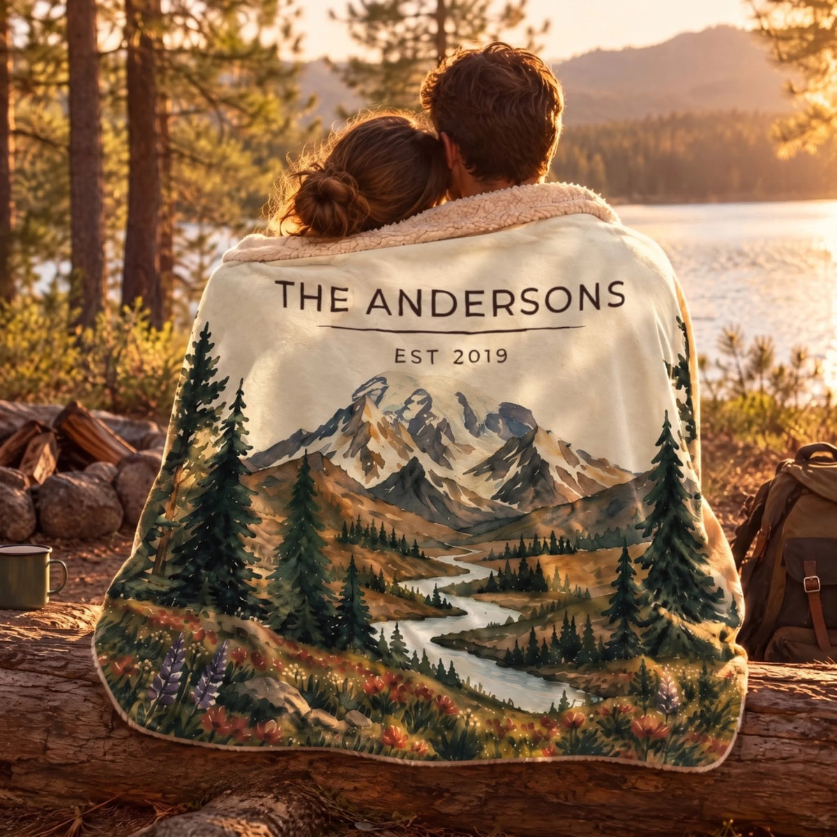 Couple wrapped in the Mount Rainier Lake Sherpa Blanket by a lake