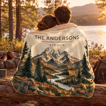 Couple wrapped in the Mount Rainier Lake Sherpa Blanket by a lake