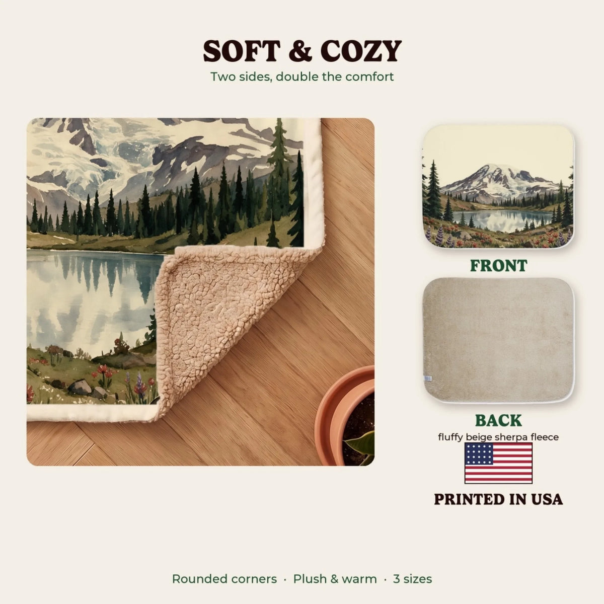 Soft and cozy sherpa blanket, printed in the USA