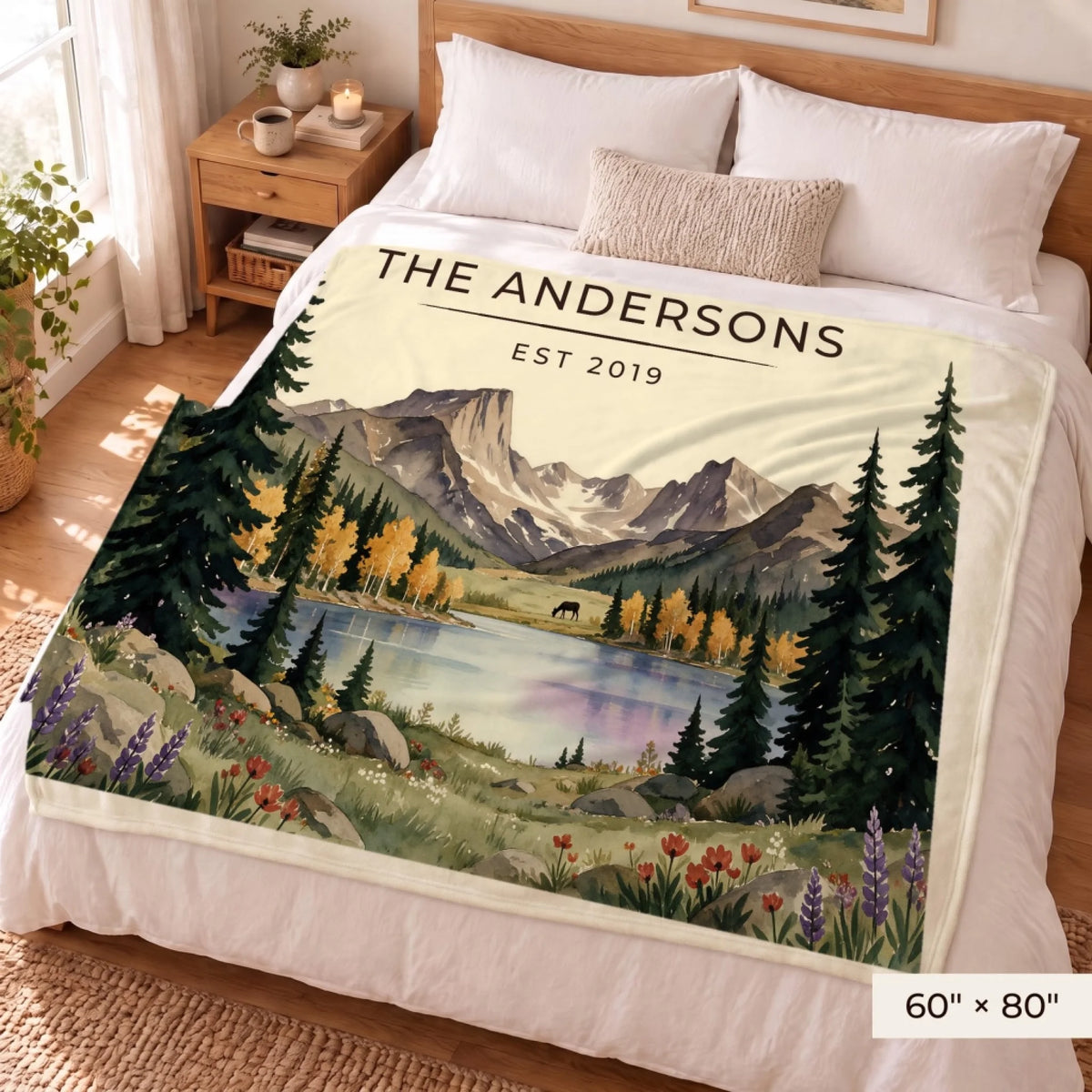 Rocky Mountain Lake Elk Sherpa Blanket 60x80 on a queen bed