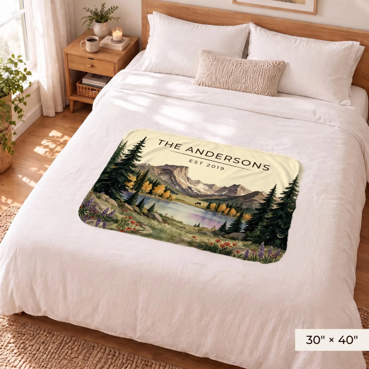 Rocky Mountain Lake Elk Sherpa Blanket 30x40 on a queen bed
