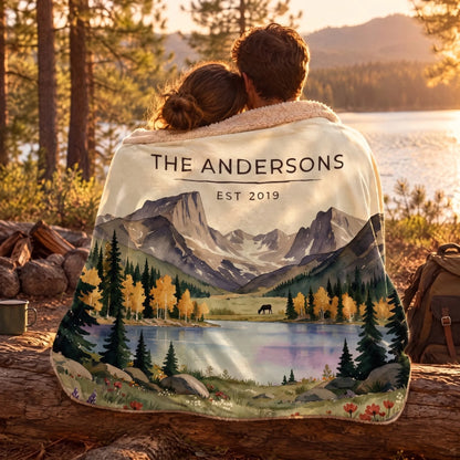 Couple wrapped in the Rocky Mountain Lake Elk Sherpa Blanket by a lake