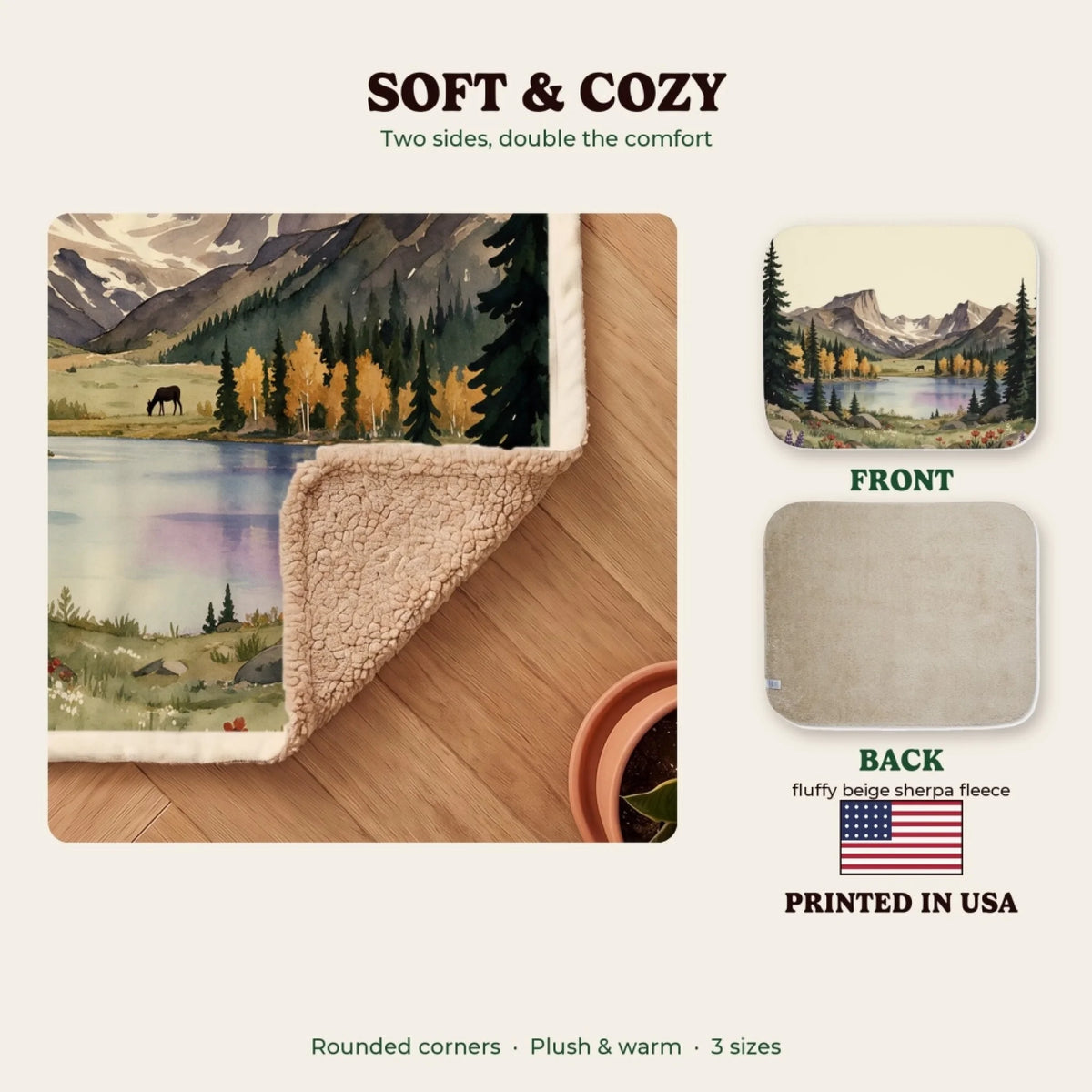 Soft and cozy sherpa blanket, printed in the USA