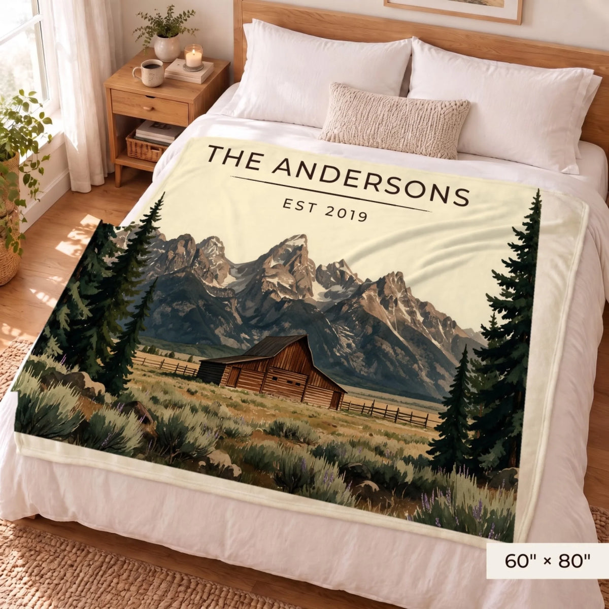 Grand Teton Barn Sherpa Blanket 60x80 on a queen bed