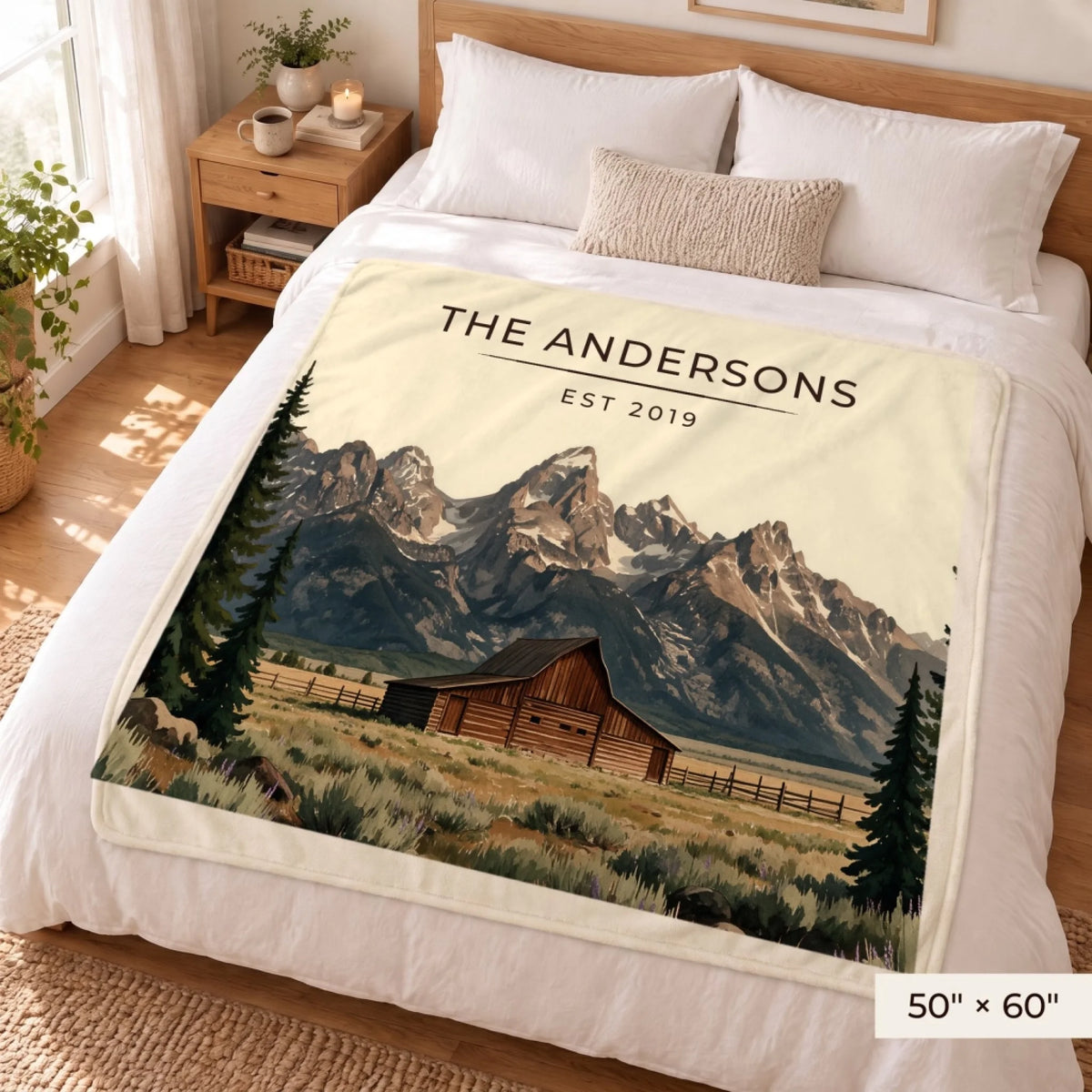 Grand Teton Barn Sherpa Blanket 50x60 on a queen bed