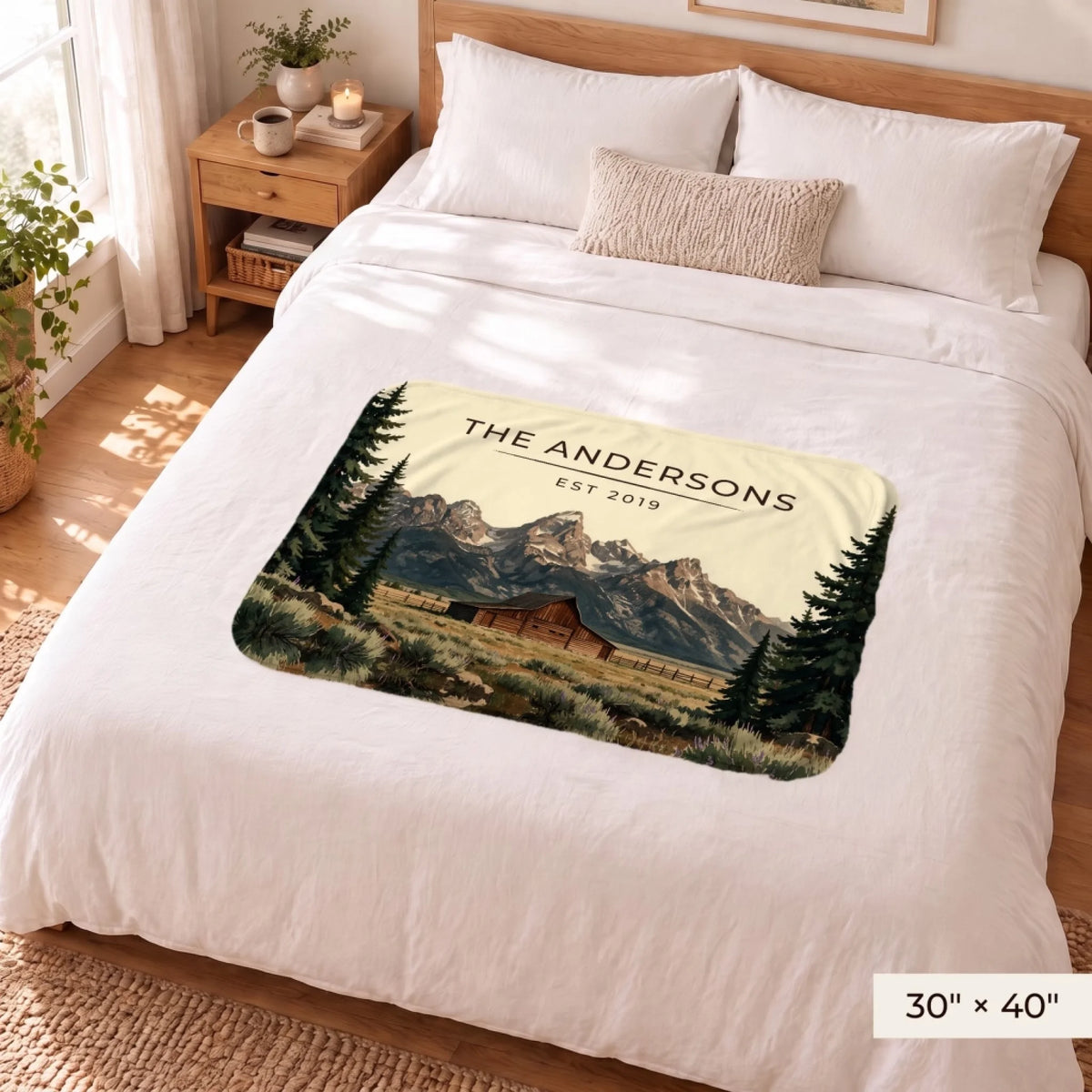 Grand Teton Barn Sherpa Blanket 30x40 on a queen bed