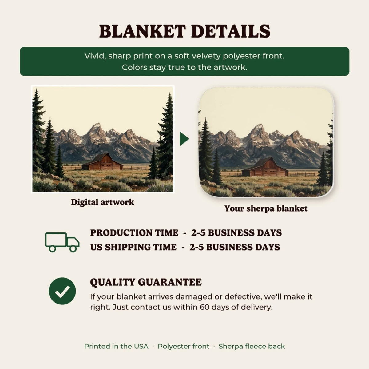 Sherpa blanket details, production time and quality guarantee