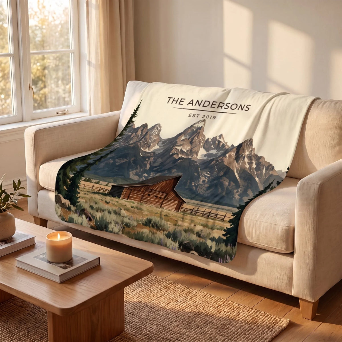 Grand Teton Barn Sherpa Blanket draped over a sofa