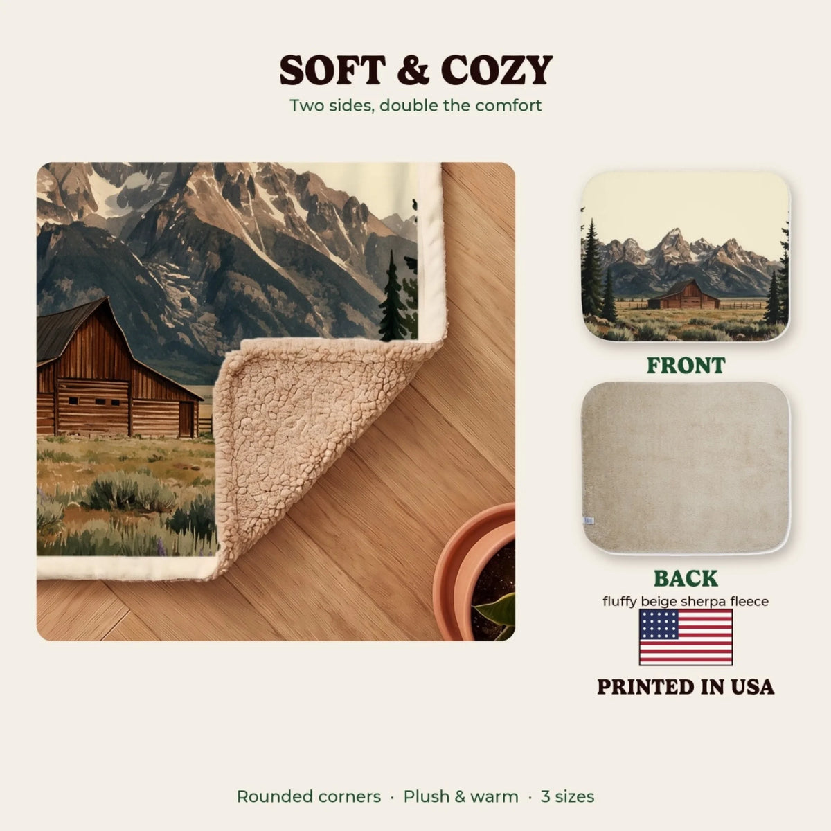 Soft and cozy sherpa blanket, printed in the USA