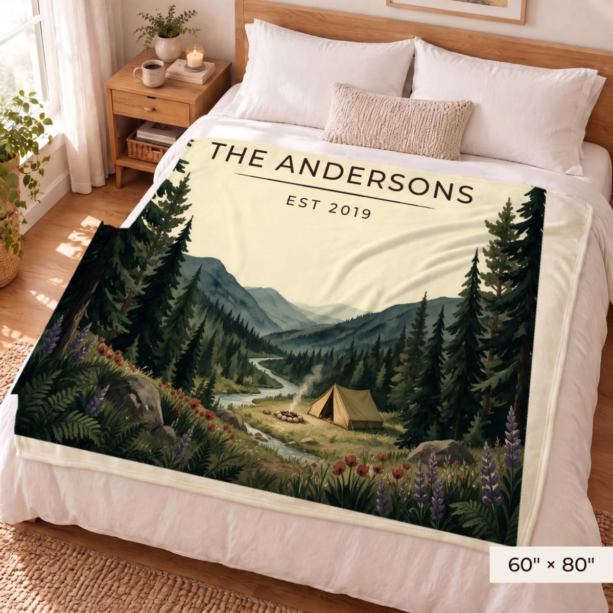 Forest Campsite Sherpa Blanket 60x80 on a queen bed