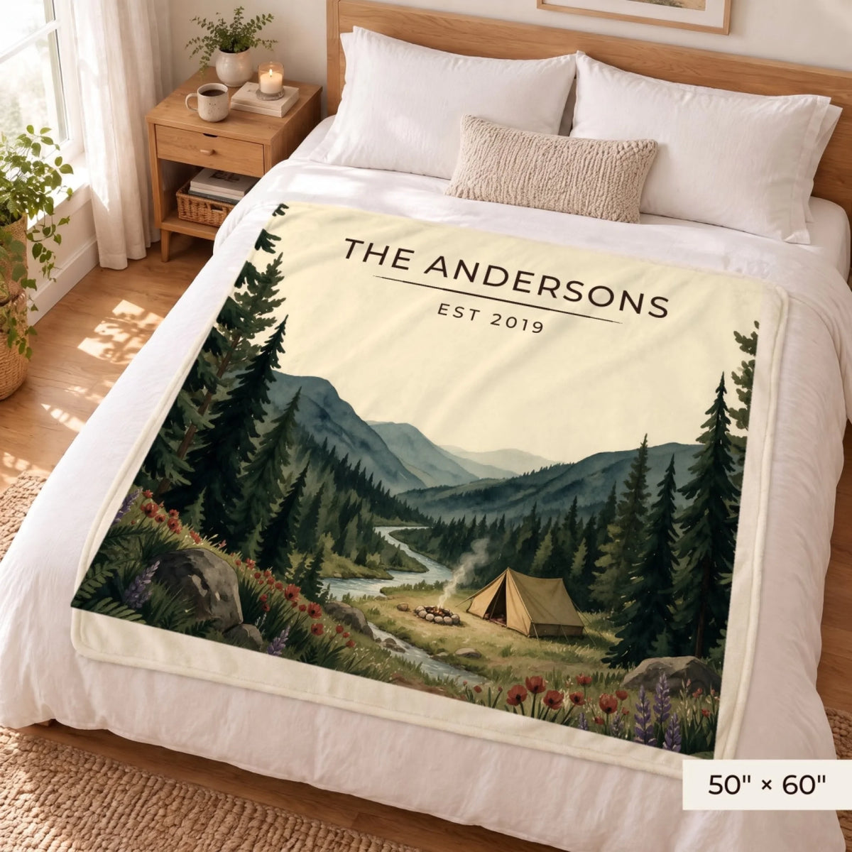 Forest Campsite Sherpa Blanket 50x60 on a queen bed