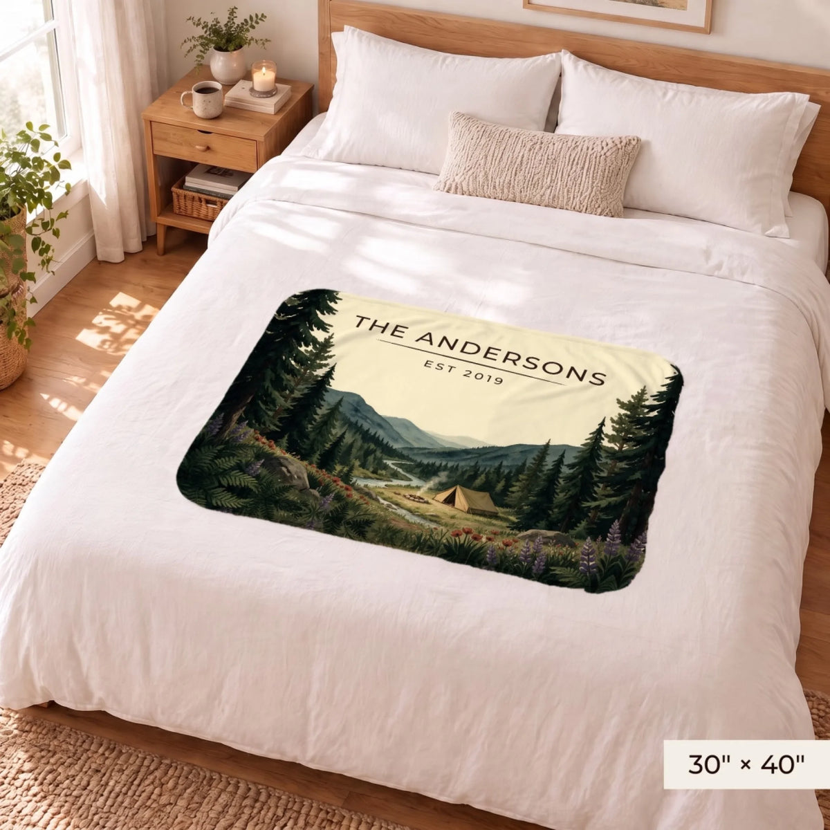 Forest Campsite Sherpa Blanket 30x40 on a queen bed
