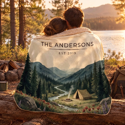 Couple wrapped in the Forest Campsite Sherpa Blanket by a lake