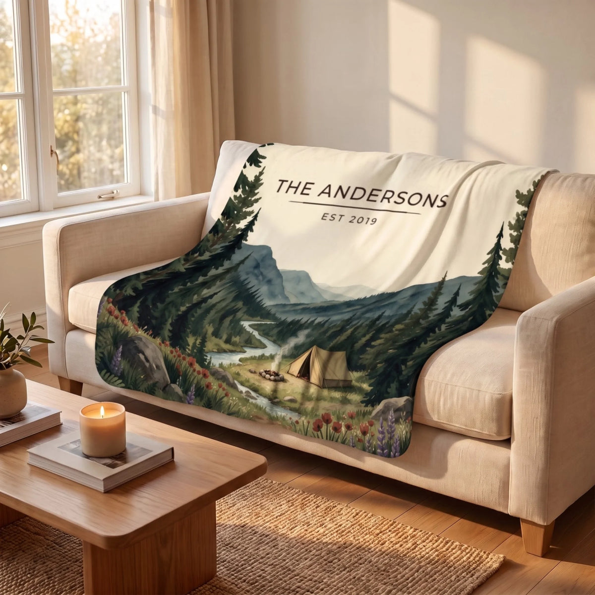 Forest Campsite Sherpa Blanket draped over a sofa