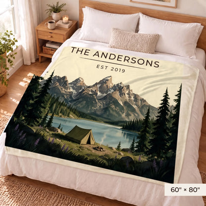 Grand Teton Lake Campsite Sherpa Blanket 60x80 on a queen bed