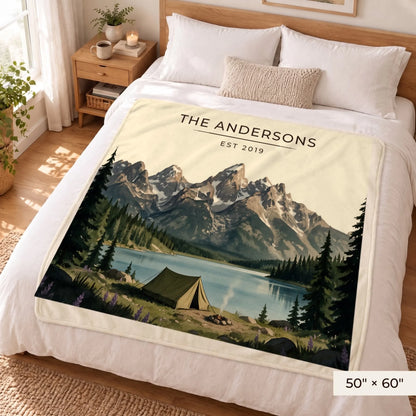 Grand Teton Lake Campsite Sherpa Blanket 50x60 on a queen bed