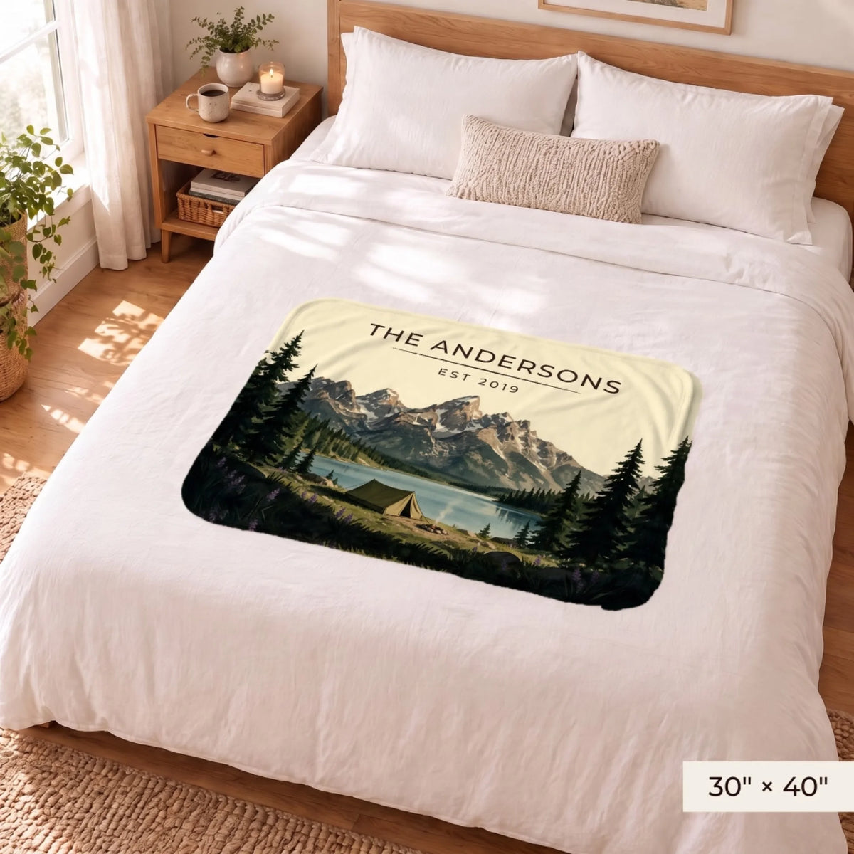Grand Teton Lake Campsite Sherpa Blanket 30x40 on a queen bed
