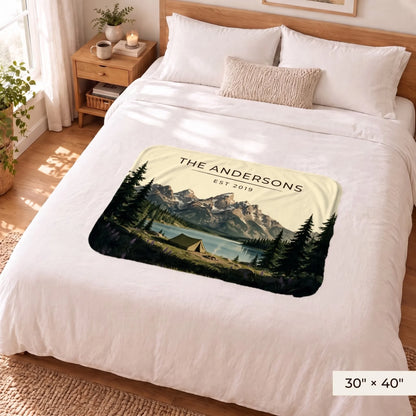 Grand Teton Lake Campsite Sherpa Blanket 30x40 on a queen bed