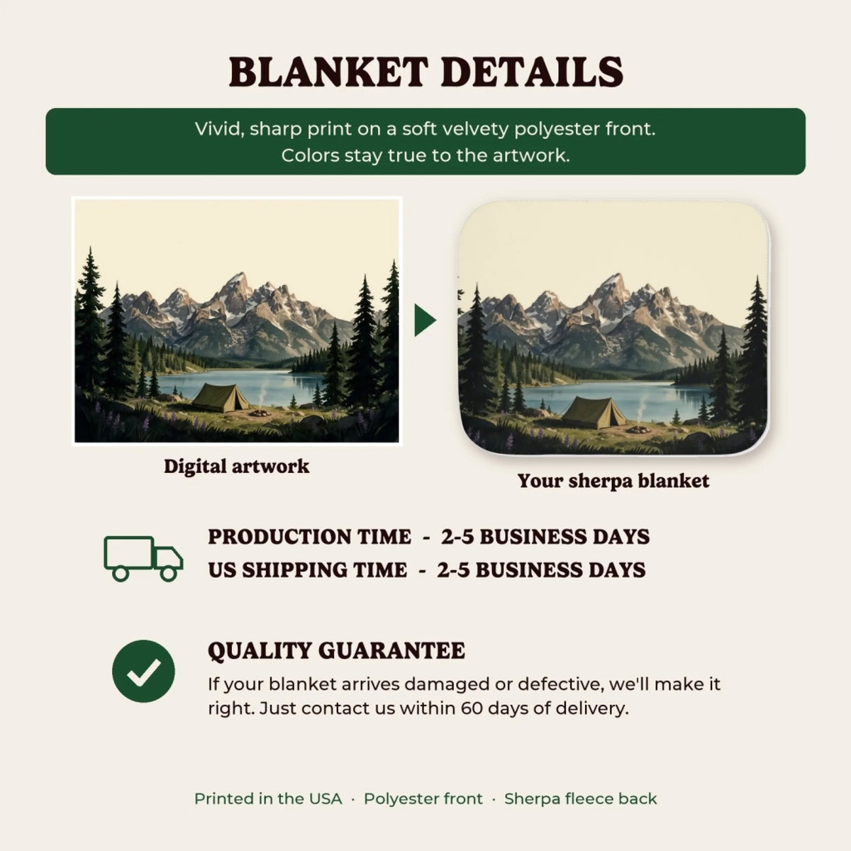Sherpa blanket details, production time and quality guarantee