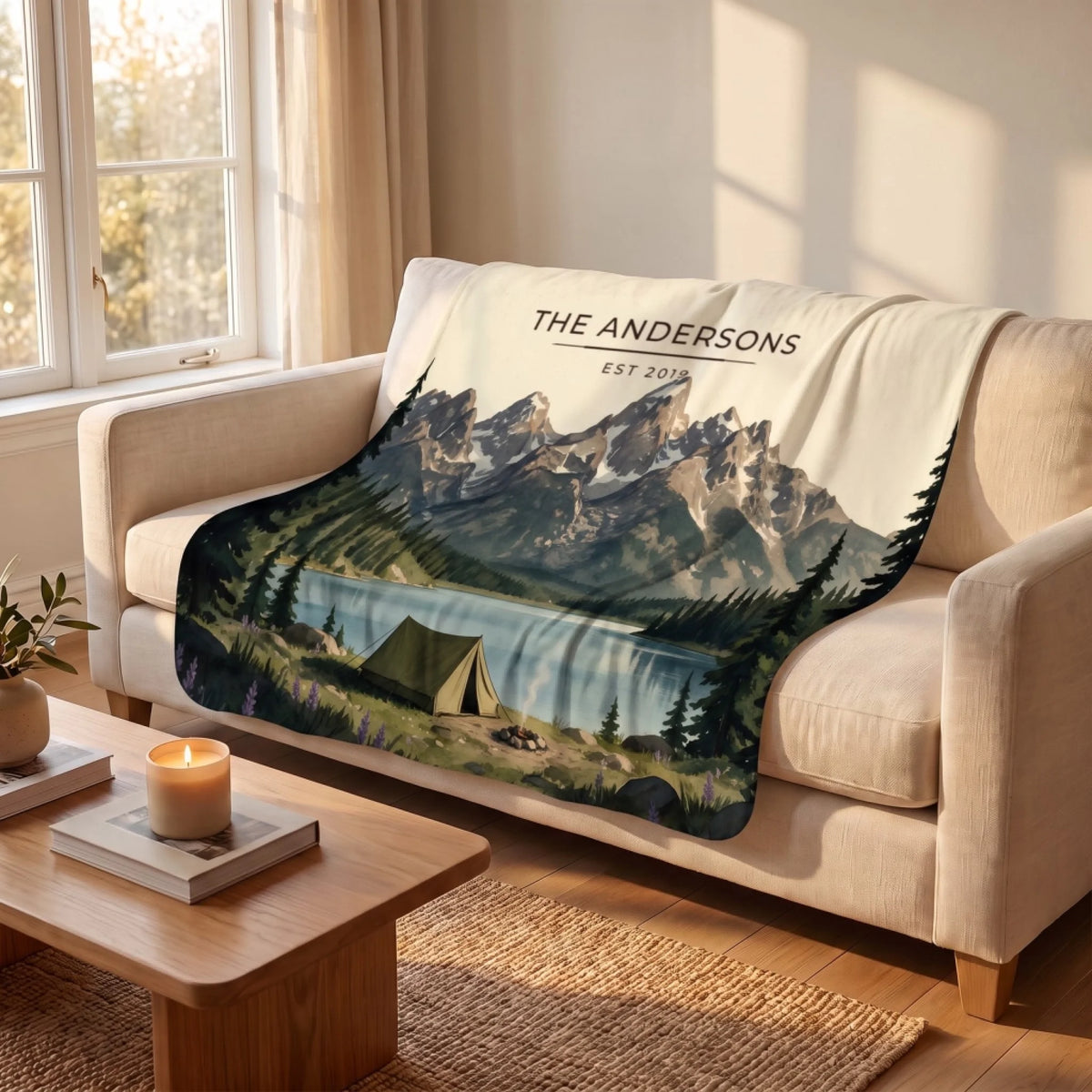 Grand Teton Lake Campsite Sherpa Blanket draped over a sofa