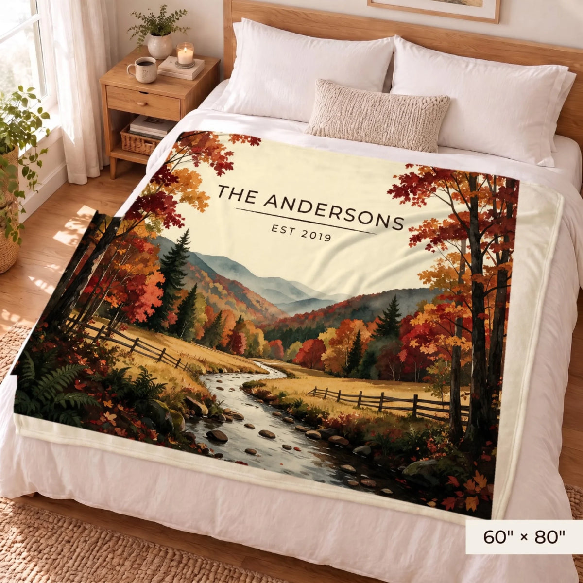 Great Smoky Mountains Autumn Sherpa Blanket 60x80 on a queen bed