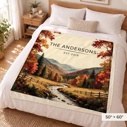 Great Smoky Mountains Autumn Sherpa Blanket 50x60 on a queen bed