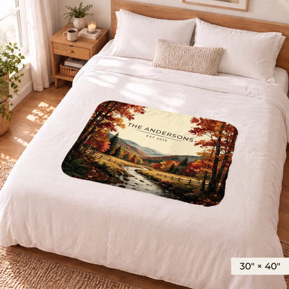Great Smoky Mountains Autumn Sherpa Blanket 30x40 on a queen bed