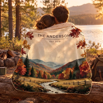 Couple wrapped in the Great Smoky Mountains Autumn Sherpa Blanket by a lake