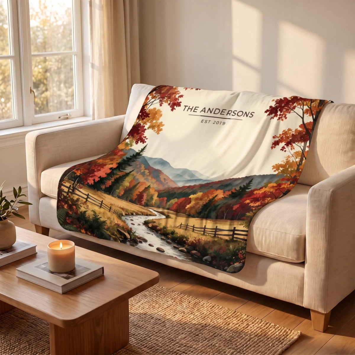 Great Smoky Mountains Autumn Sherpa Blanket draped over a sofa