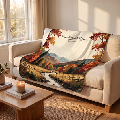 Great Smoky Mountains Autumn Sherpa Blanket draped over a sofa