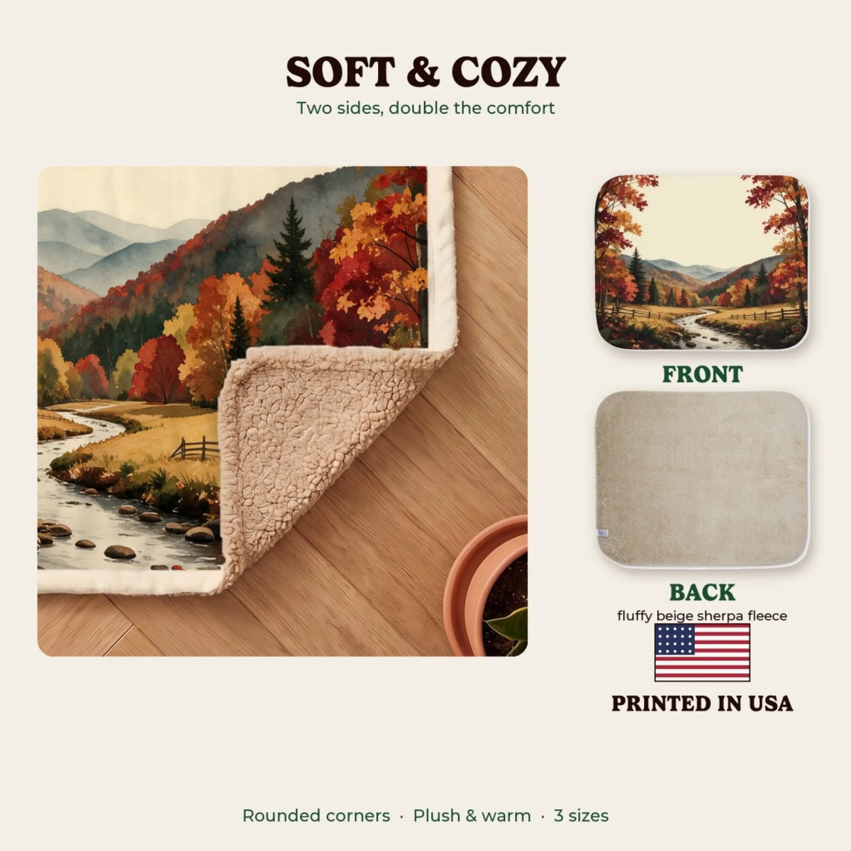 Soft and cozy sherpa blanket, printed in the USA