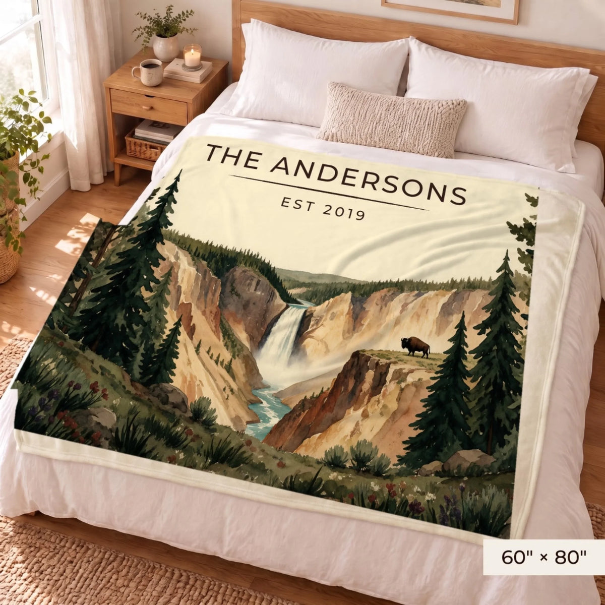 Yellowstone Falls Bison Sherpa Blanket 60x80 on a queen bed