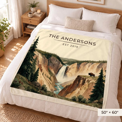 Yellowstone Falls Bison Sherpa Blanket 50x60 on a queen bed