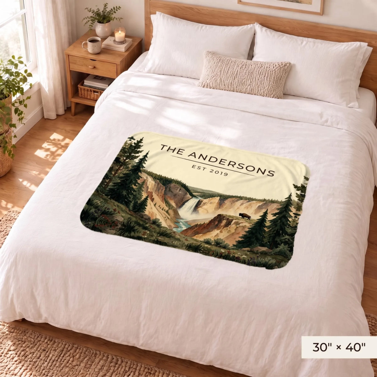 Yellowstone Falls Bison Sherpa Blanket 30x40 on a queen bed
