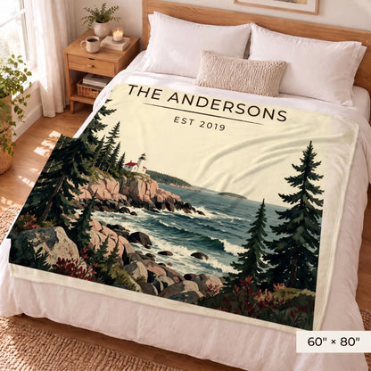 Acadia Lighthouse Coast Sherpa Blanket 60x80 on a queen bed