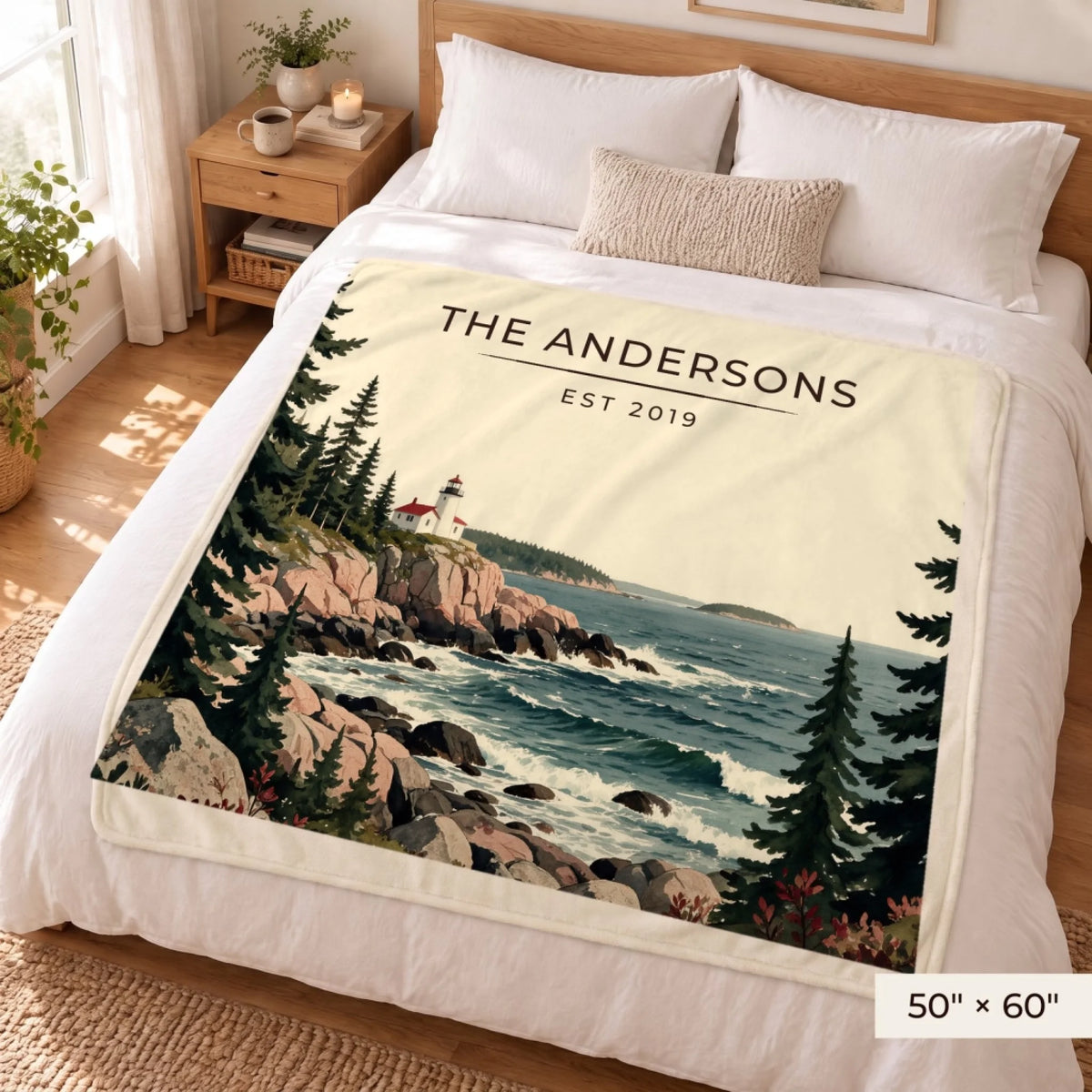 Acadia Lighthouse Coast Sherpa Blanket 50x60 on a queen bed