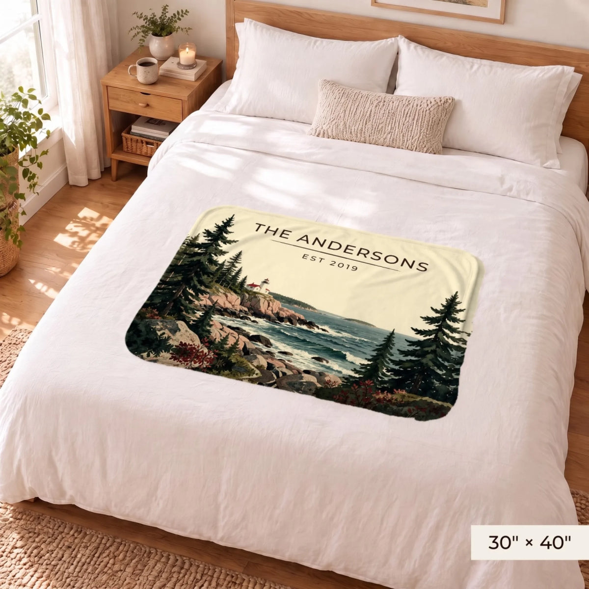 Acadia Lighthouse Coast Sherpa Blanket 30x40 on a queen bed