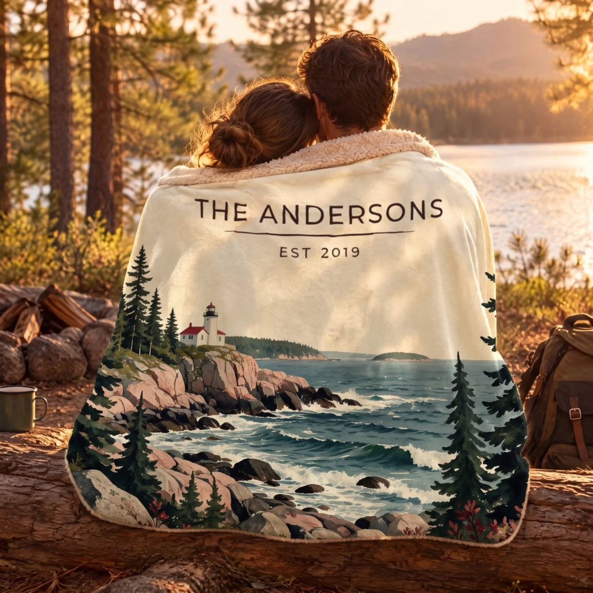 Couple wrapped in the Acadia Lighthouse Coast Sherpa Blanket by a lake