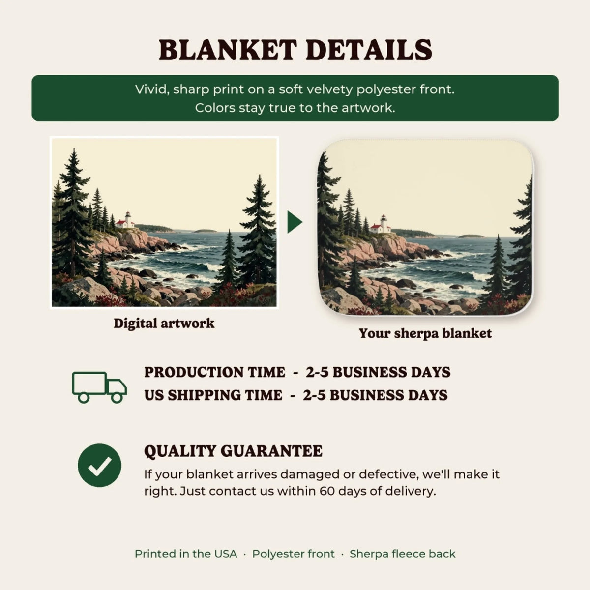 Sherpa blanket details, production time and quality guarantee