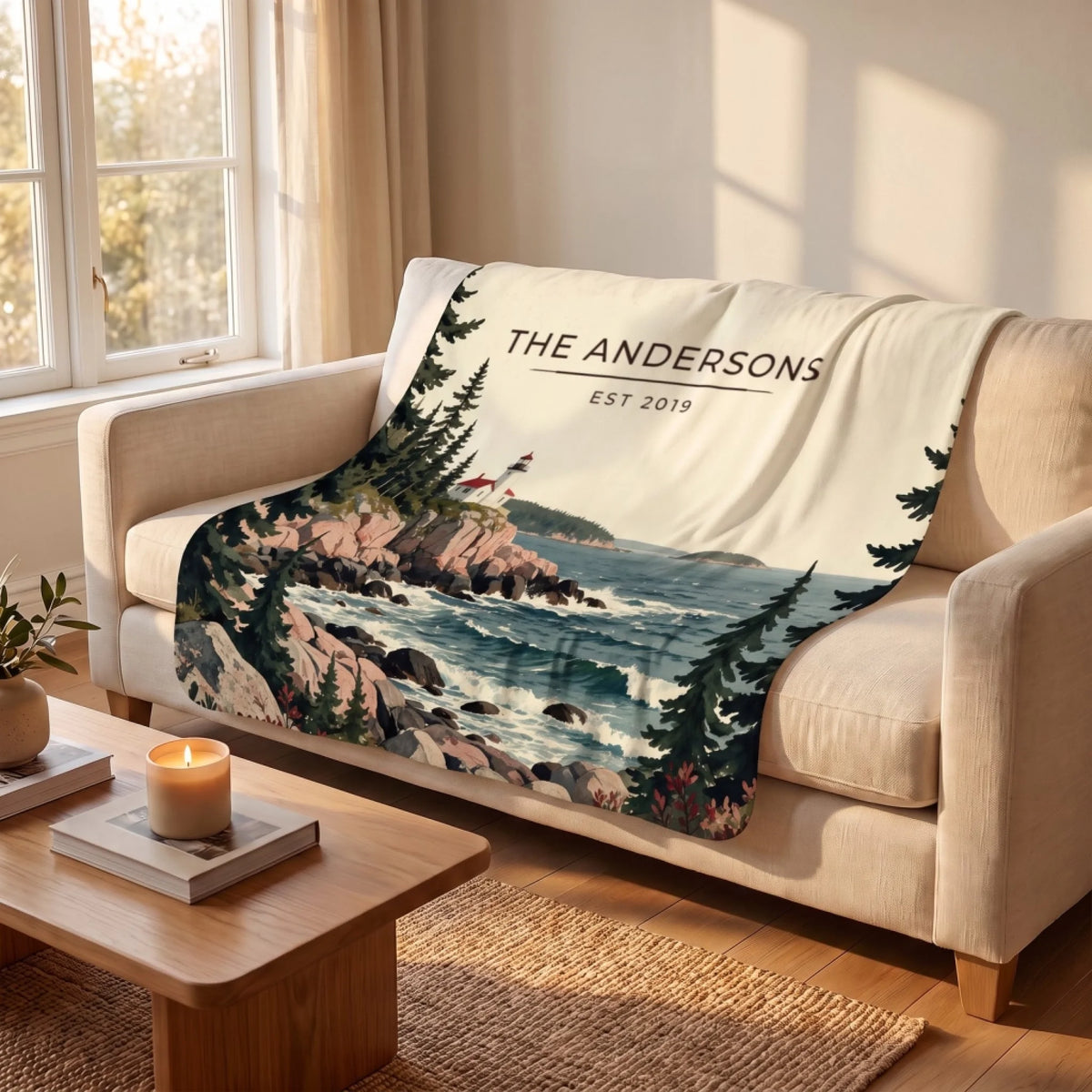 Acadia Lighthouse Coast Sherpa Blanket draped over a sofa