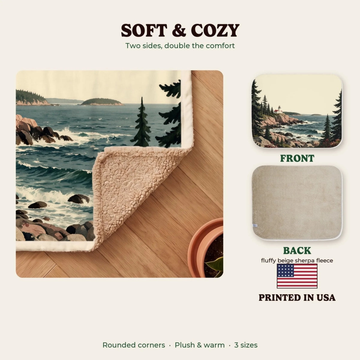Soft and cozy sherpa blanket, printed in the USA