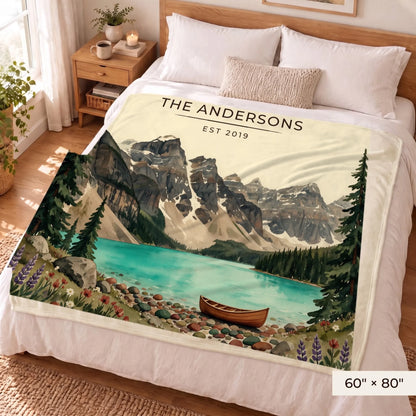 Glacier Lake Canoe Sherpa Blanket 60x80 on a queen bed