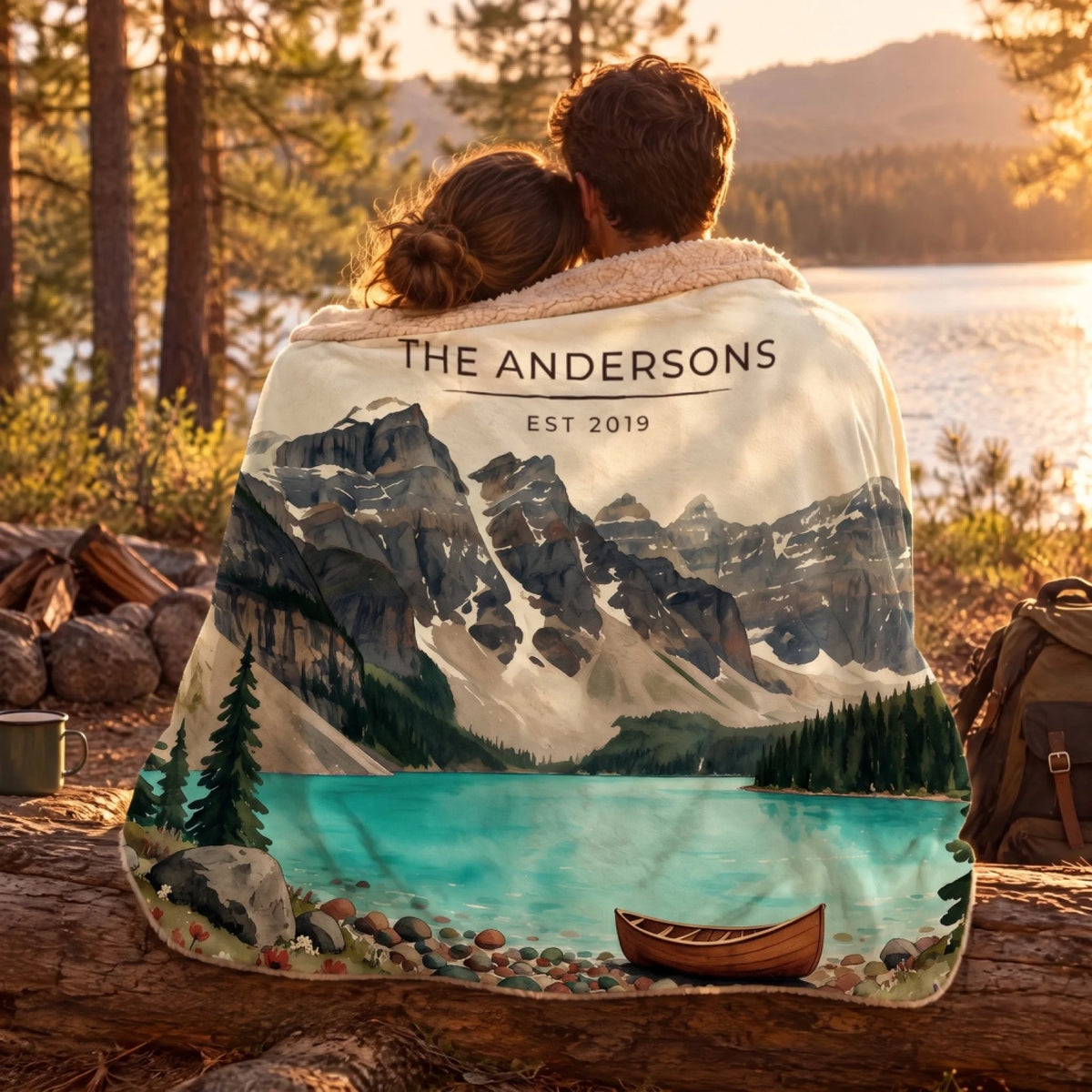 Couple wrapped in the Glacier Lake Canoe Sherpa Blanket by a lake