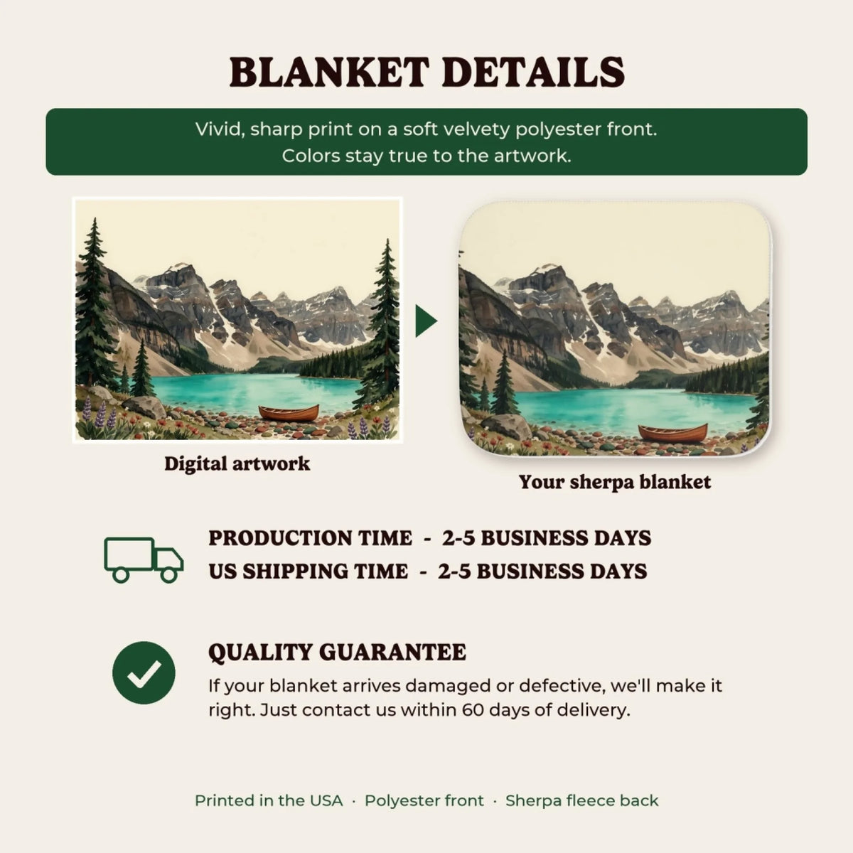 Sherpa blanket details, production time and quality guarantee